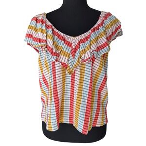 LOFT Striped Ruffle Peasant Top Womens S Boho Cottagecore Summer Colorful